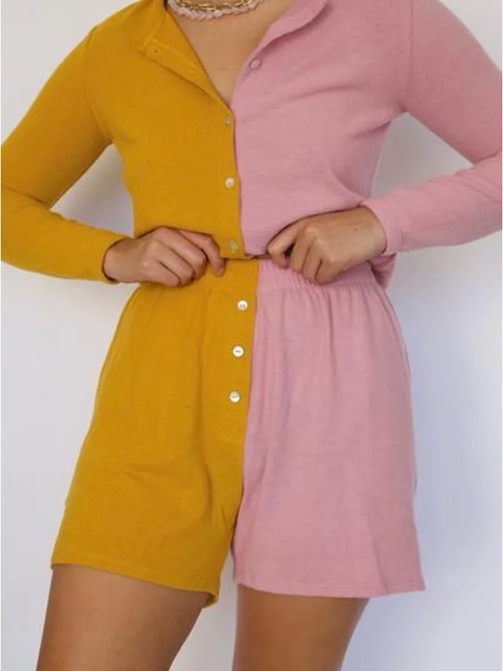 DONNI. Duo Sweater Henley Shorts Two-Tone Pink and Mustard Button shorts SMALL